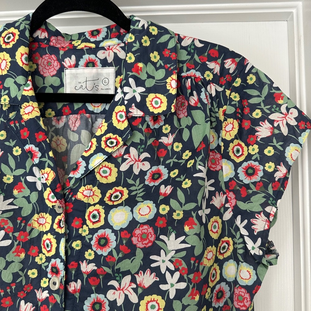 Cat's Pajamas Swiss Meadow Voile Cotton Floral Button Down Sleep Top Size Large - Picture 4 of 11